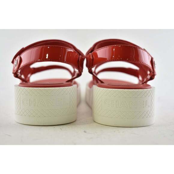 Chanel 20C Red Patent White CC Logo Mule Slide Strap Flat Dad Daddy Sandal 40 - Picture 7 of 8